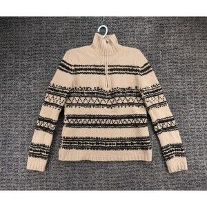 Vintage Express Sweater Womens Medium Beige Black 1/4 Zip Lambs Wool Fair Isle